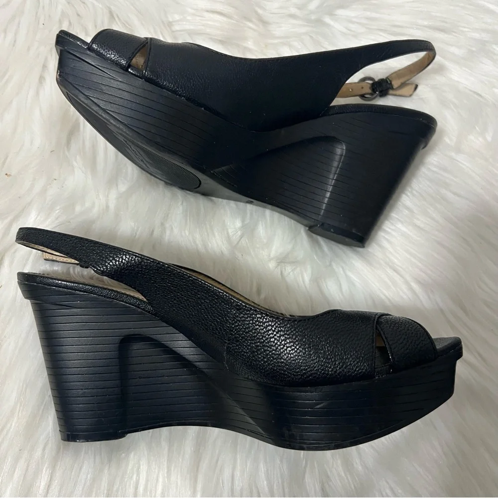 Marc Fisher Black Leather Peep-Toe Slingback Rockabilly Platform Wedges 6.5
